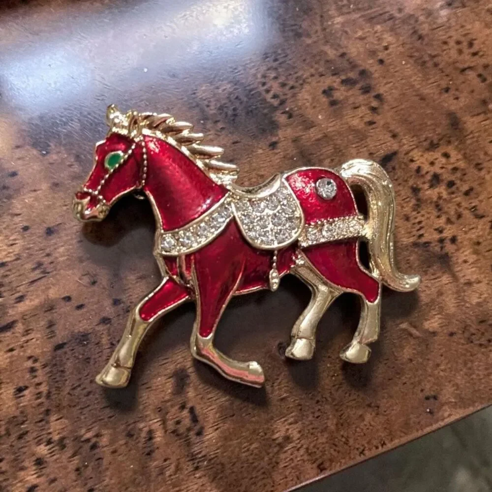 Red Enamel Horse Brooch Pin, Gold Tone Rhinestone Equestrian Pin, Carousel Horse